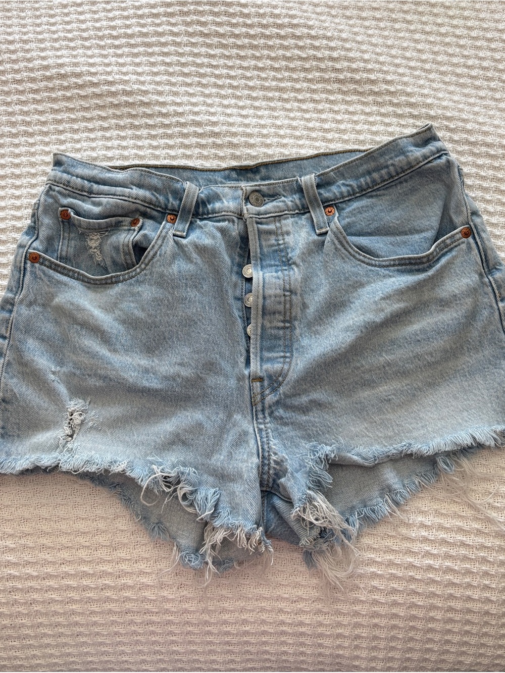 Levi's Light Blue Distressed High-Rise Denim Shorts